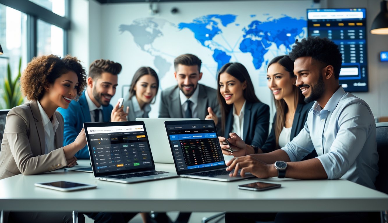 Sekelompok profesional muda menggunakan laptop dan ponsel di kantor modern, menunjukkan aktivitas taruhan online dengan suasana kerja yang fokus dan cepat.