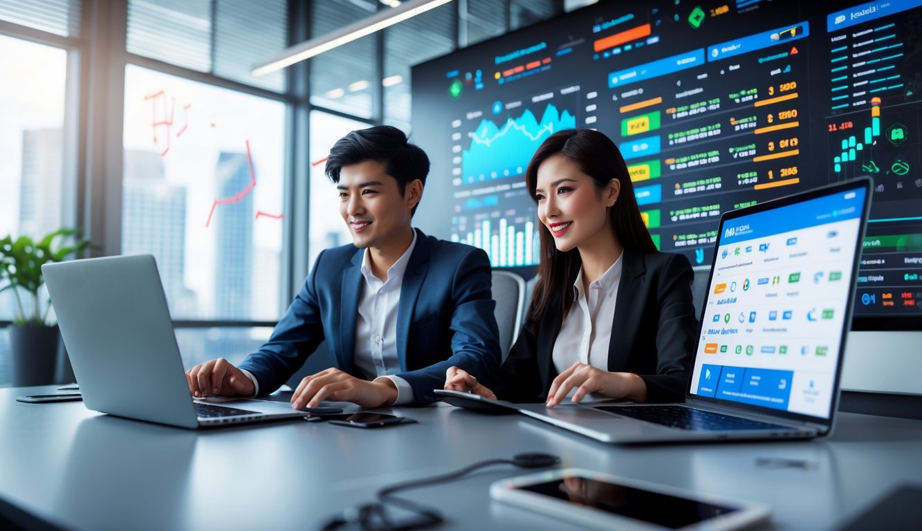 Seorang pria dan wanita sedang menggunakan perangkat digital di kantor modern yang berfokus pada aktivitas taruhan online.