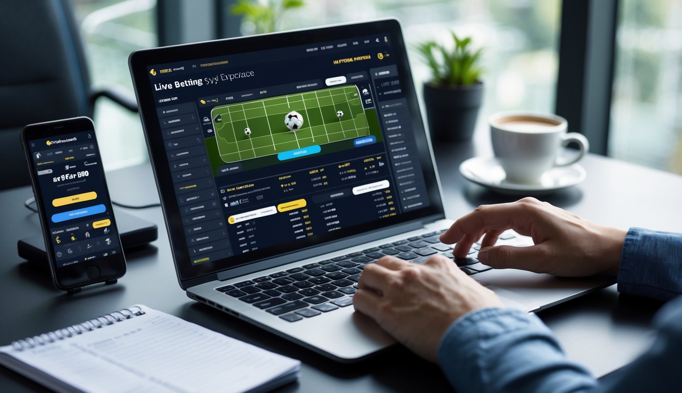 Seseorang menggunakan laptop dengan tampilan taruhan olahraga langsung di ruang kerja yang rapi dan terang.