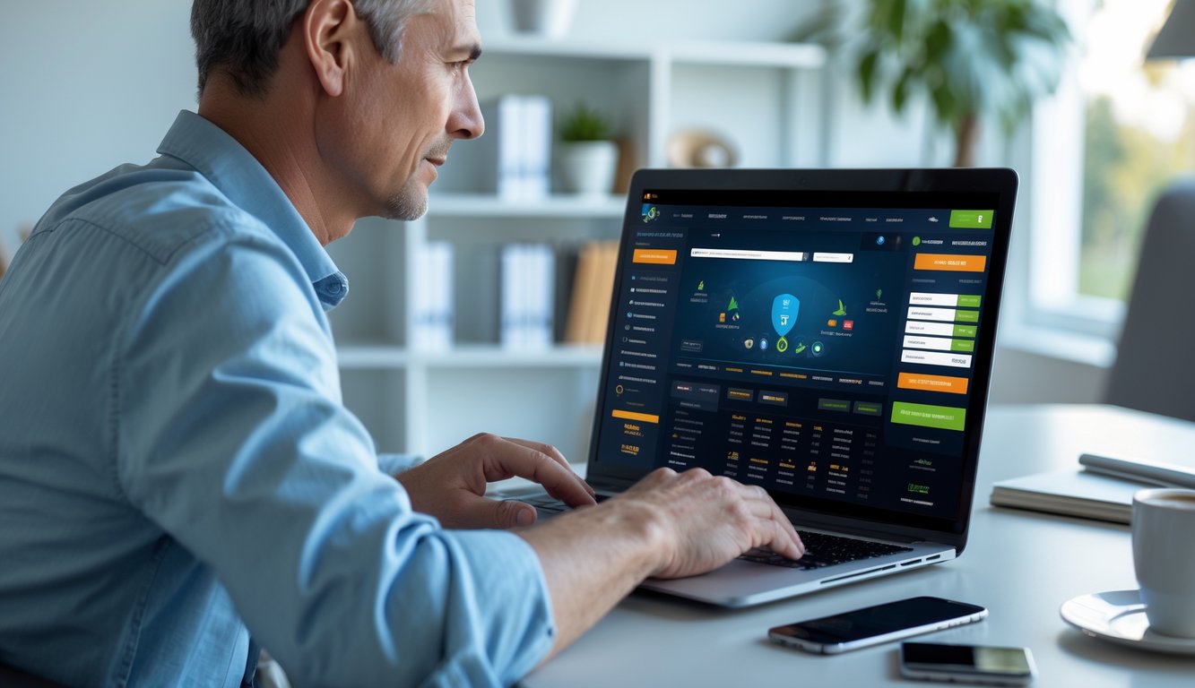 Seseorang sedang menggunakan laptop di ruang kerja rumah yang terang, fokus pada aktivitas taruhan online.