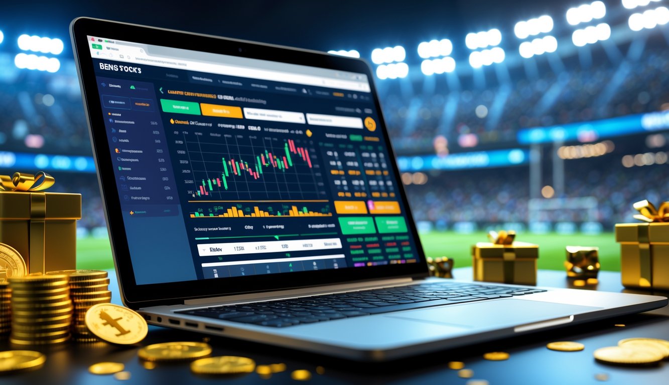 Sebuah ruang kerja modern dengan laptop yang menampilkan situs taruhan olahraga online dan elemen hadiah di meja.