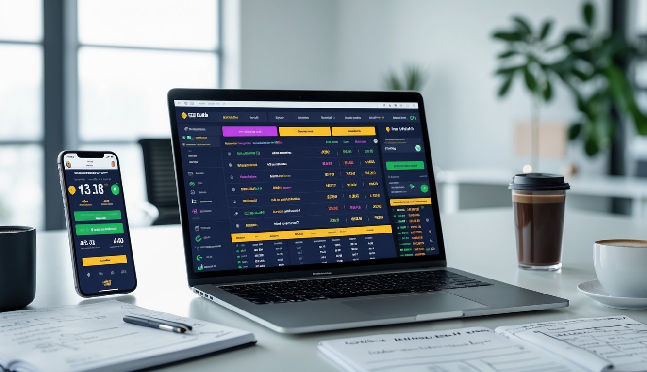 Sebuah meja kerja modern dengan laptop yang menampilkan situs taruhan olahraga, smartphone dengan aplikasi taruhan, buku catatan, dan secangkir kopi.