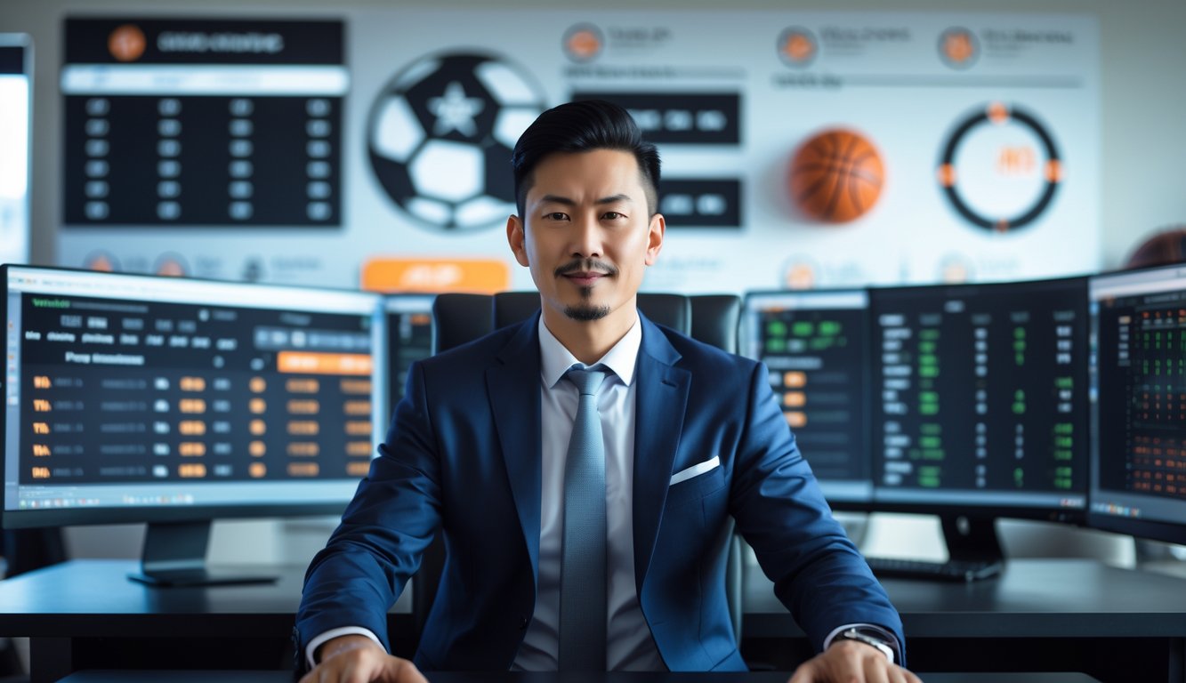 Seorang pria duduk di depan komputer dengan layar yang menampilkan statistik dan peluang taruhan olahraga secara online.