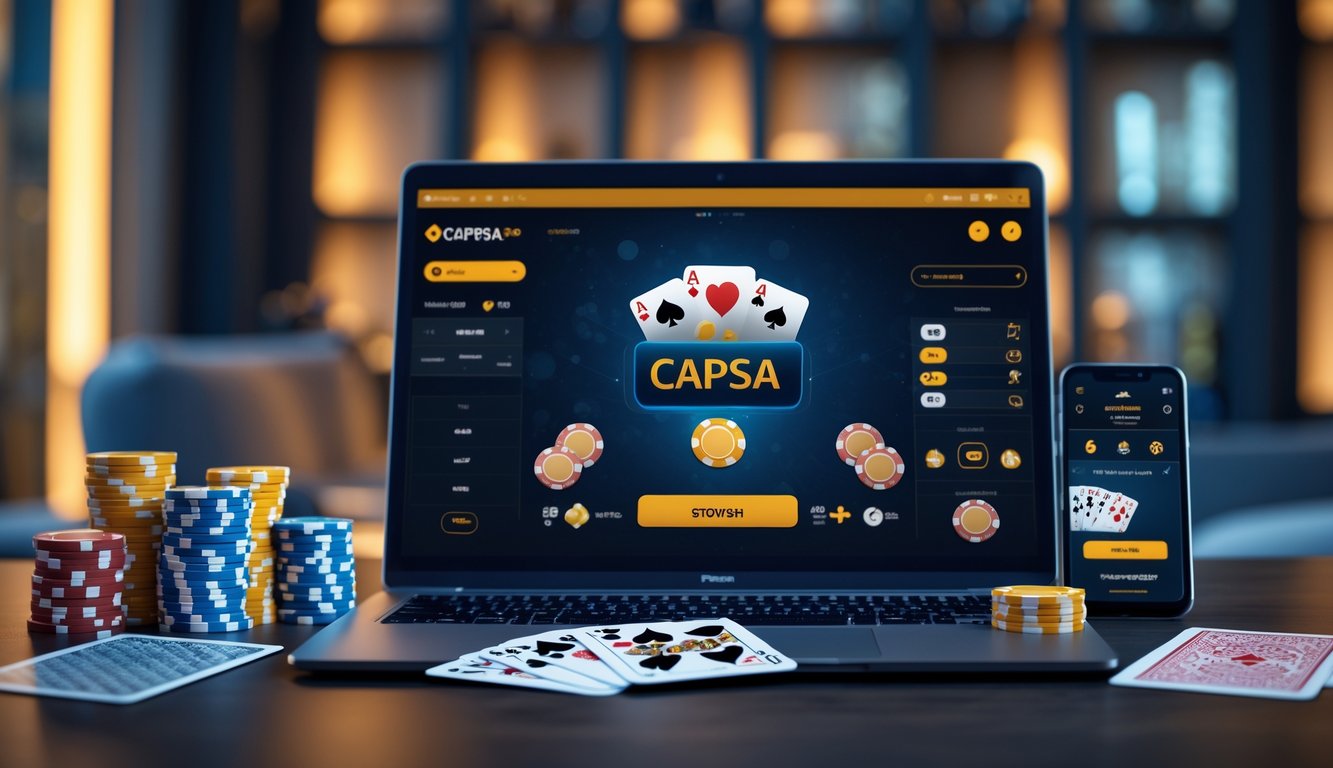 Sebuah ruang kerja modern dengan laptop yang menampilkan permainan Capsa digital, kartu remi, dan chip poker di atas meja.
