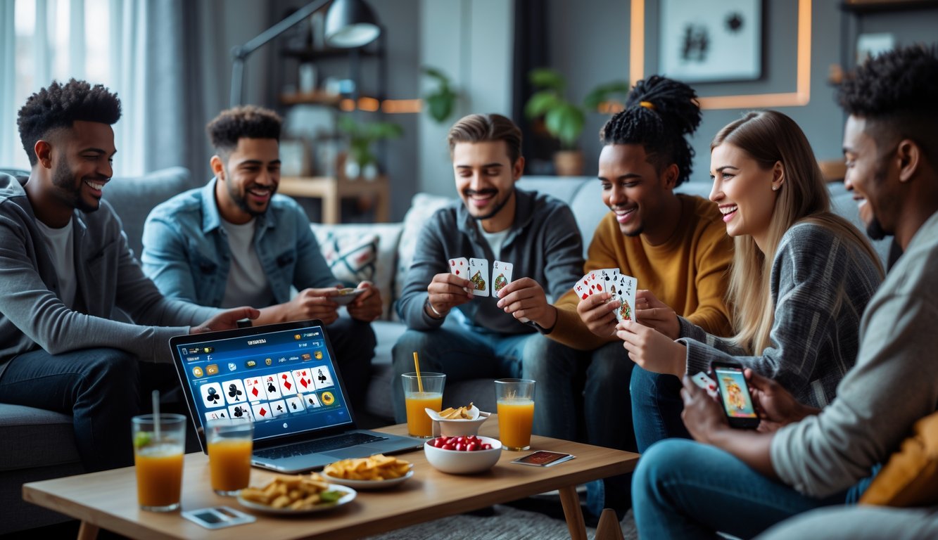 Sekelompok orang muda bermain permainan kartu secara online menggunakan laptop dan ponsel di ruang tamu yang nyaman.