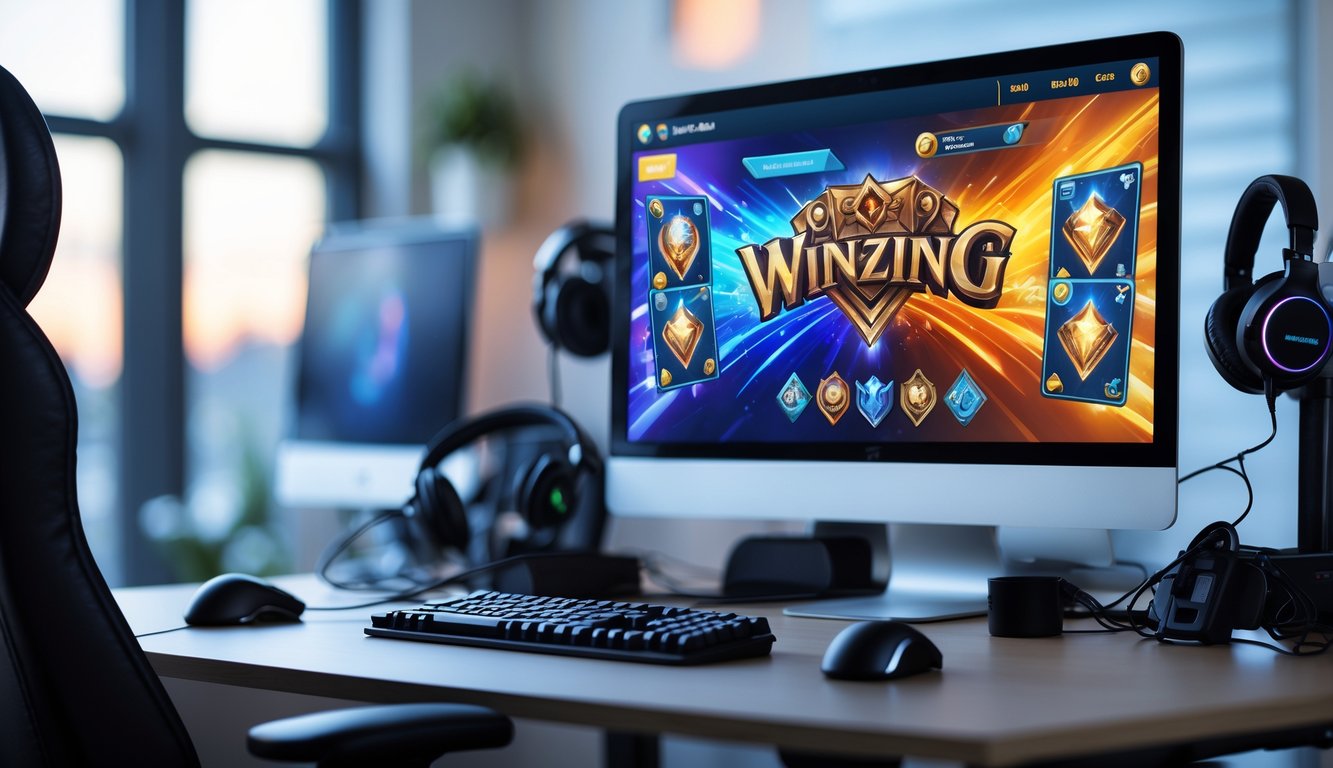 Sebuah meja kerja dengan komputer yang menampilkan permainan kartu digital yang sedang berlangsung.