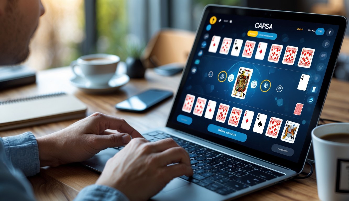 Seseorang sedang bermain permainan kartu Capsa secara online menggunakan laptop di meja kerja.