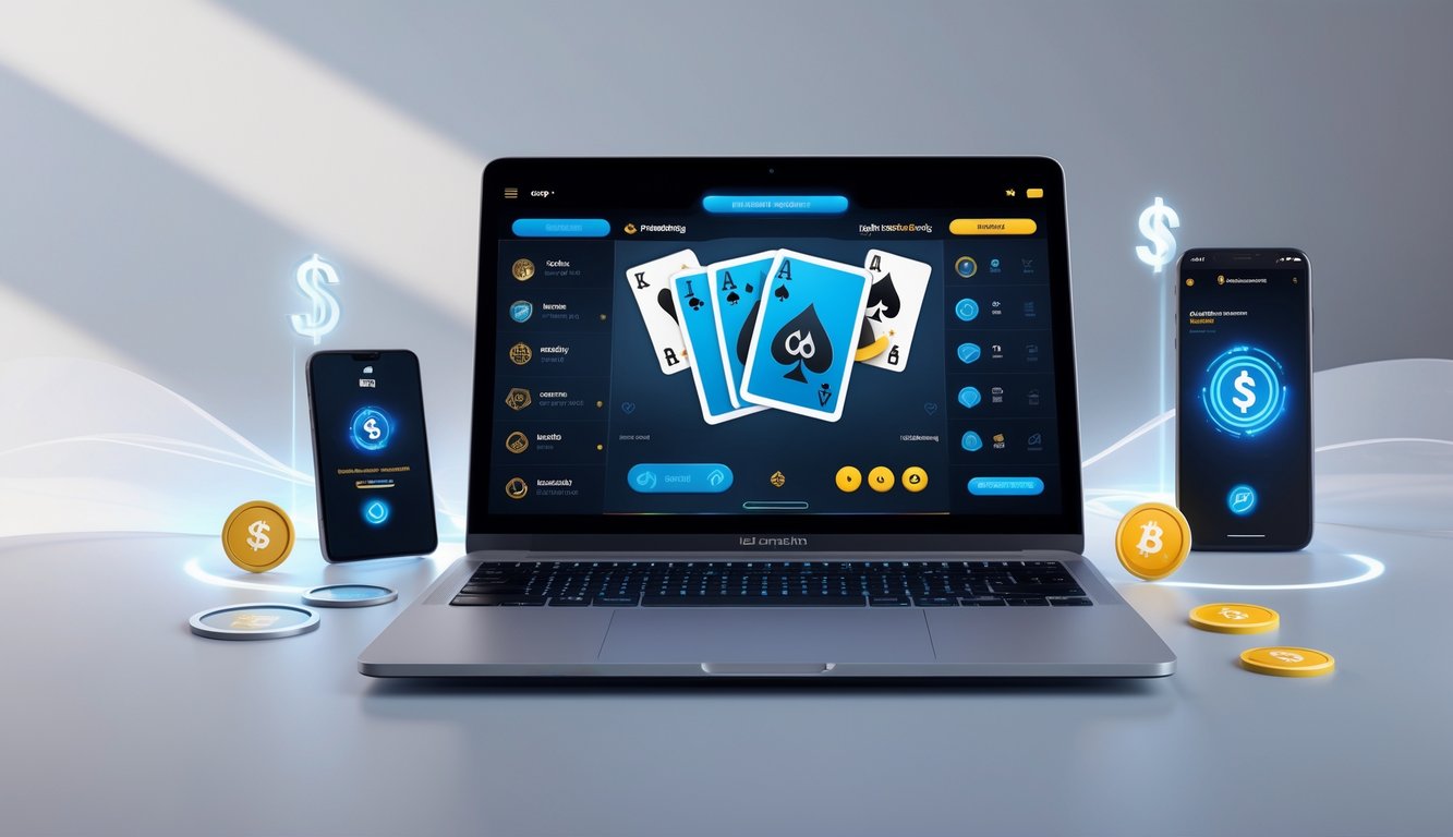 Seorang pengguna bermain permainan kartu Capsa online di laptop dengan simbol pembayaran cepat di sekitarnya.