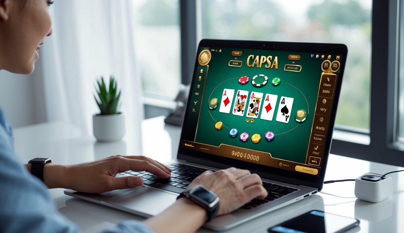 Seseorang bermain Capsa online di depan laptop di ruang kerja yang terang dan rapi.