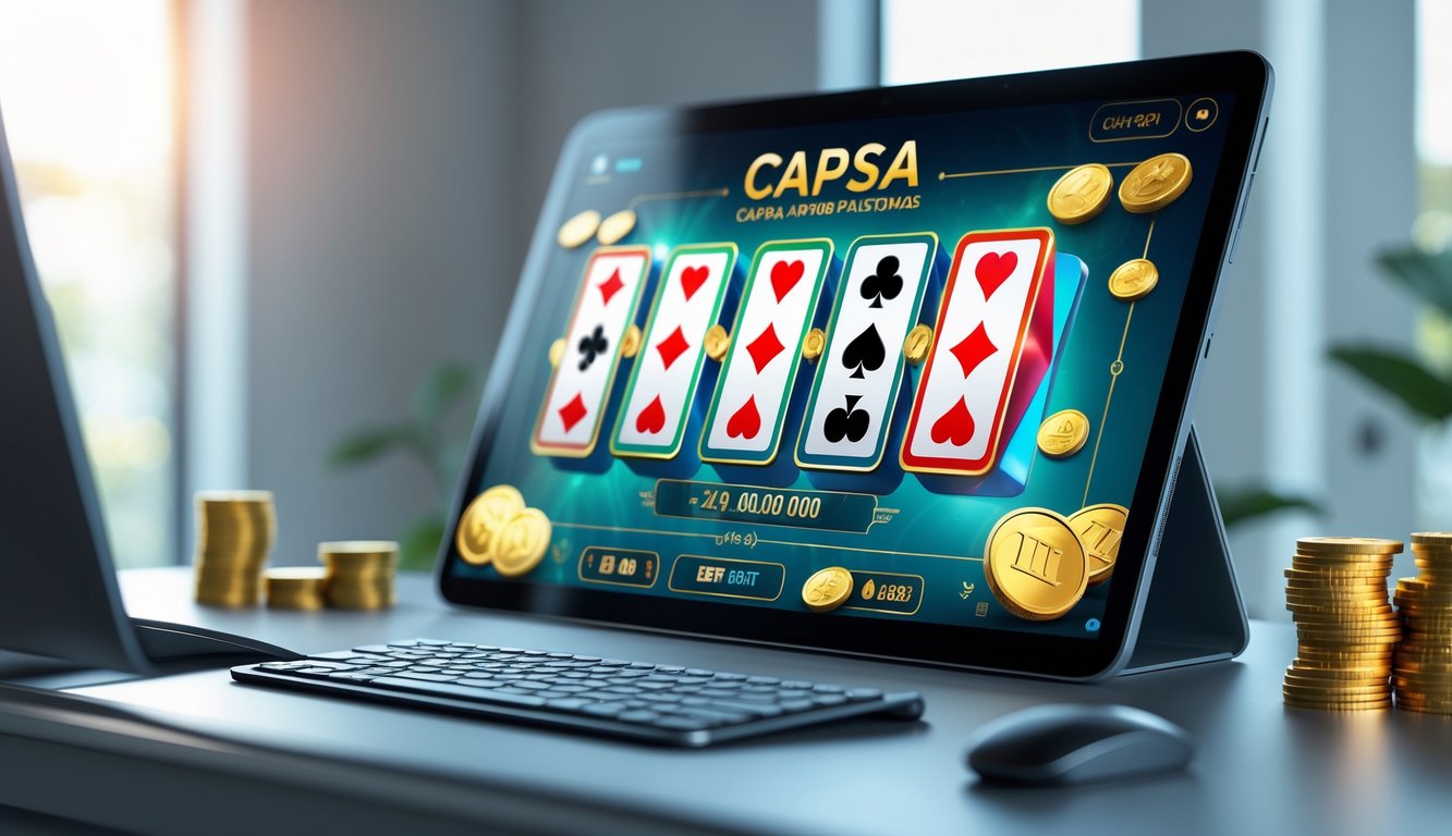 Seseorang bermain Capsa online di depan komputer dengan tampilan jackpot besar di layar.