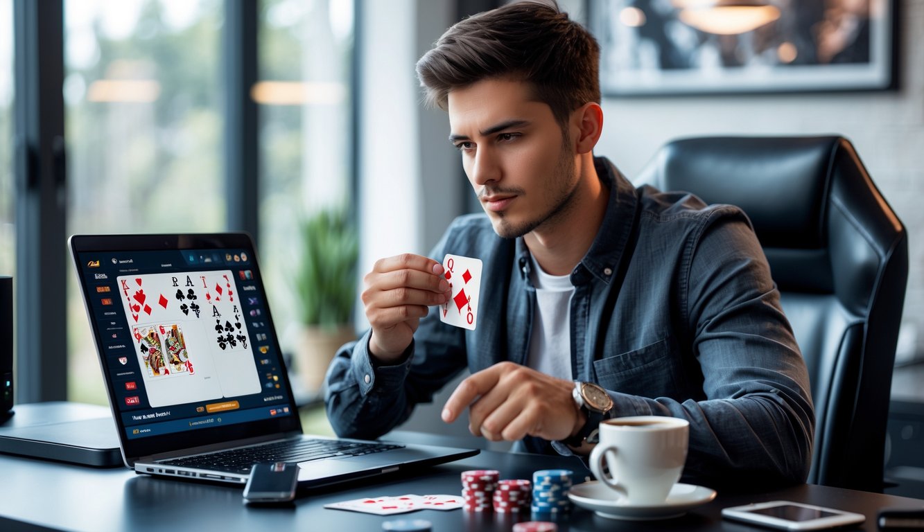 Seorang pria muda duduk di meja modern sambil bermain kartu Capsa secara online menggunakan laptop di ruangan yang rapi dan terang.