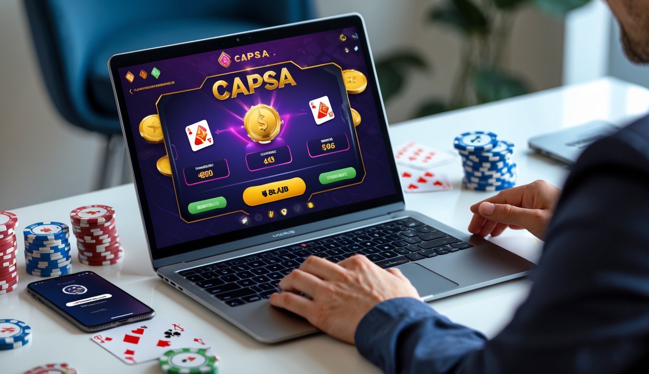 Seseorang menggunakan laptop dengan permainan kartu Capsa digital dan chip poker di meja, menunjukkan suasana judi online dengan bonus menarik.