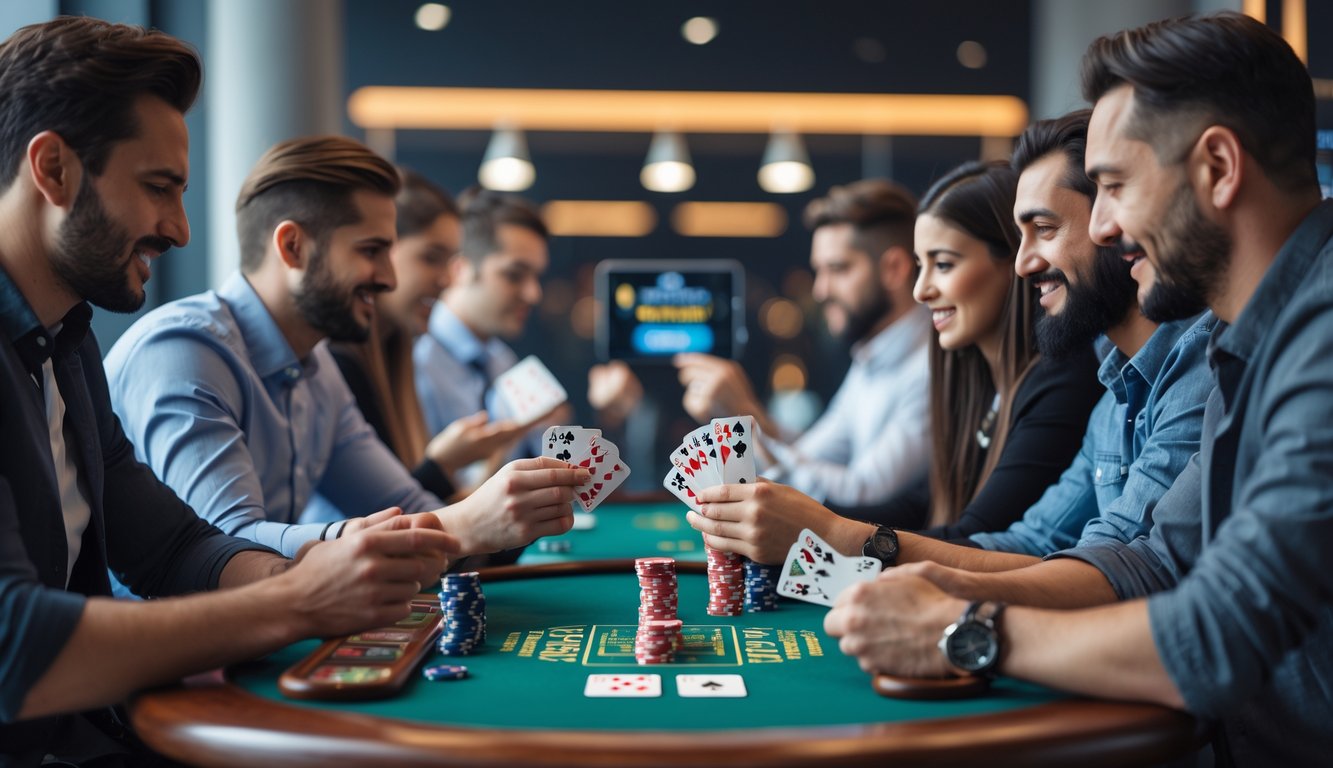 Beberapa orang duduk di sekitar meja bermain kartu Capsa dengan chip dan perangkat digital di lingkungan yang nyaman.