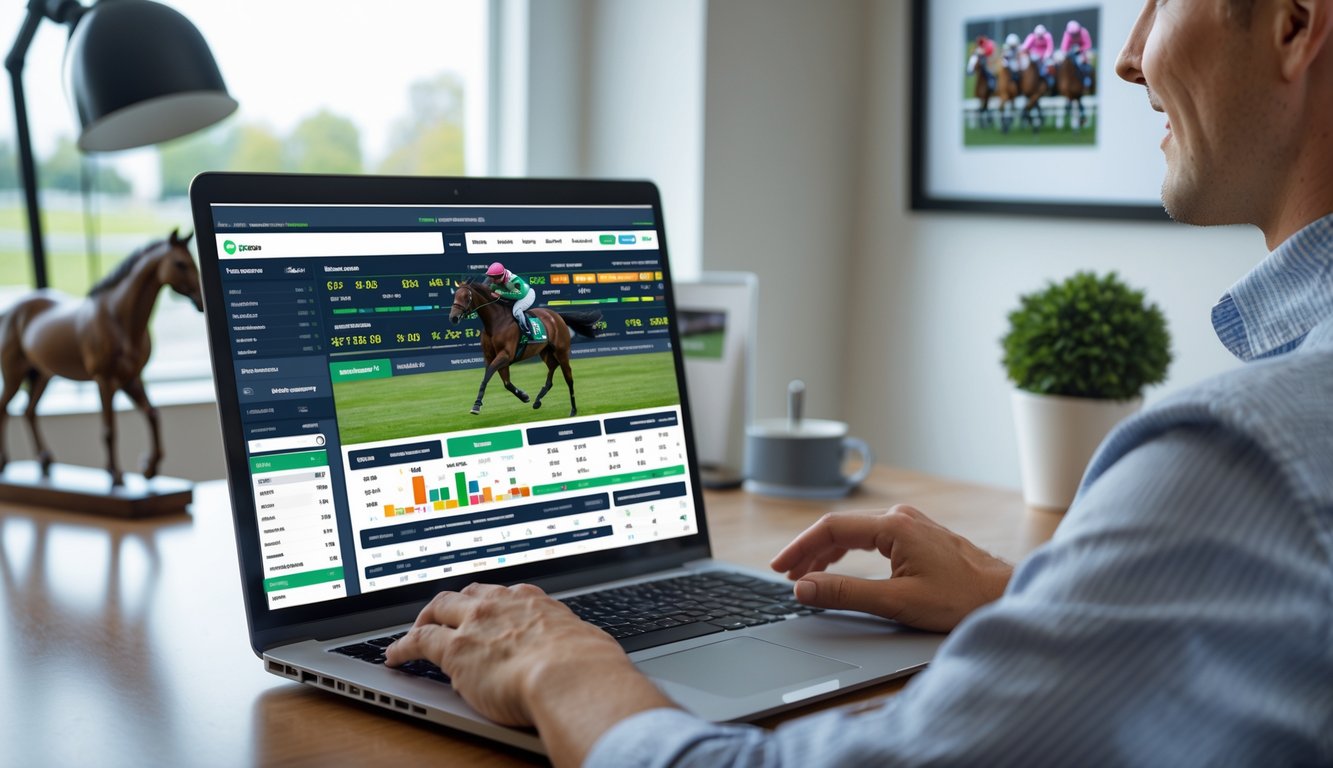 Seseorang menggunakan laptop di ruang kerja modern dengan elemen kuda pacu di sekitarnya.