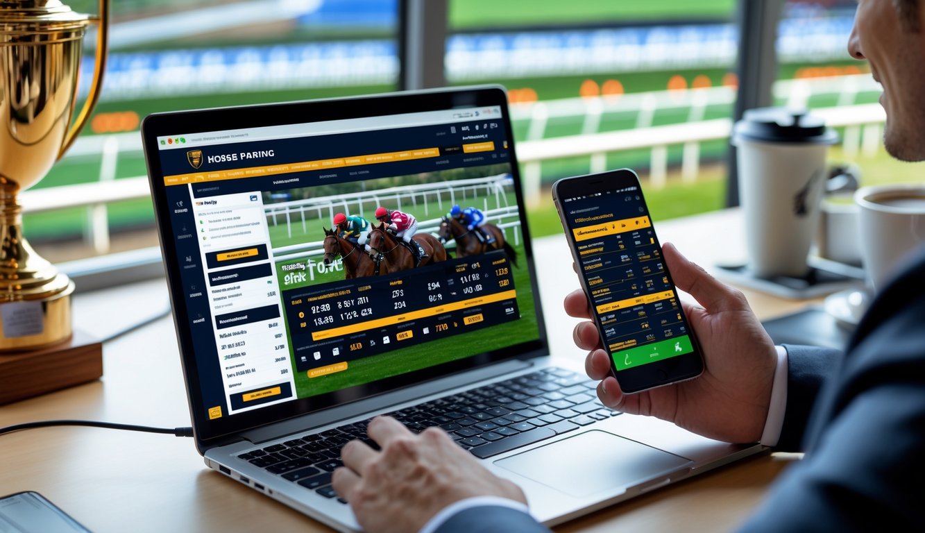 Seseorang menggunakan laptop dan ponsel untuk memasang taruhan balap kuda online di sebuah meja kerja modern.