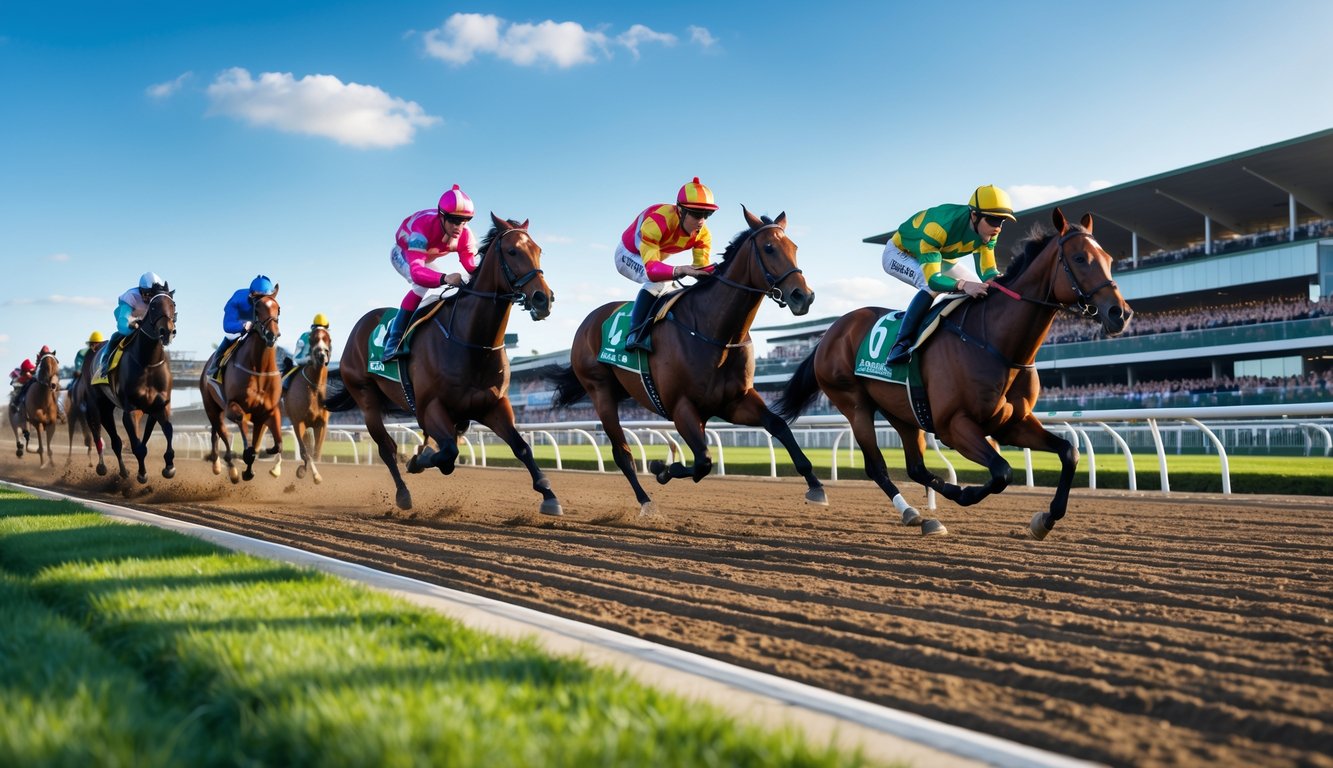 Lomba pacuan kuda dengan beberapa kuda dan joki berlari cepat di lintasan dengan tribun penonton di belakangnya.
