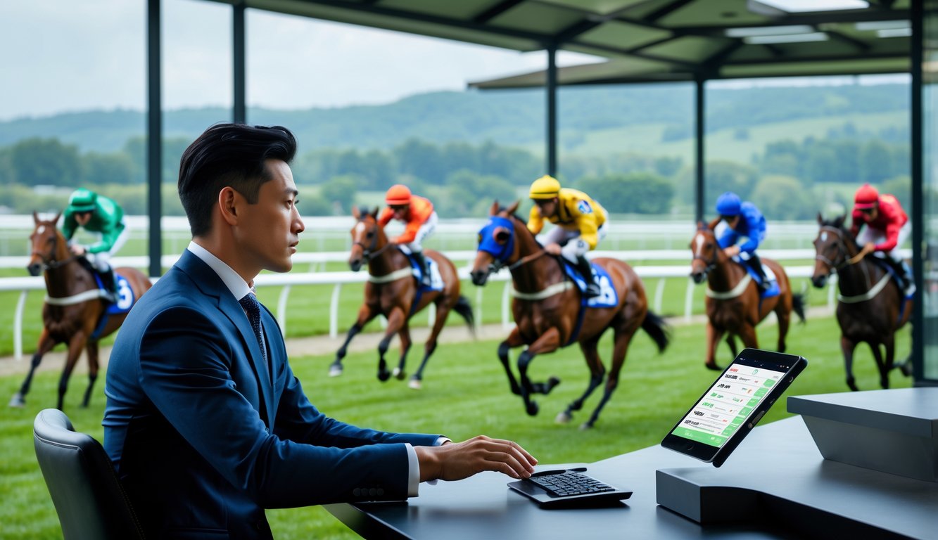 Seorang individu sedang memasang taruhan balap kuda dengan latar belakang lomba kuda yang sedang berlangsung di lintasan hijau.