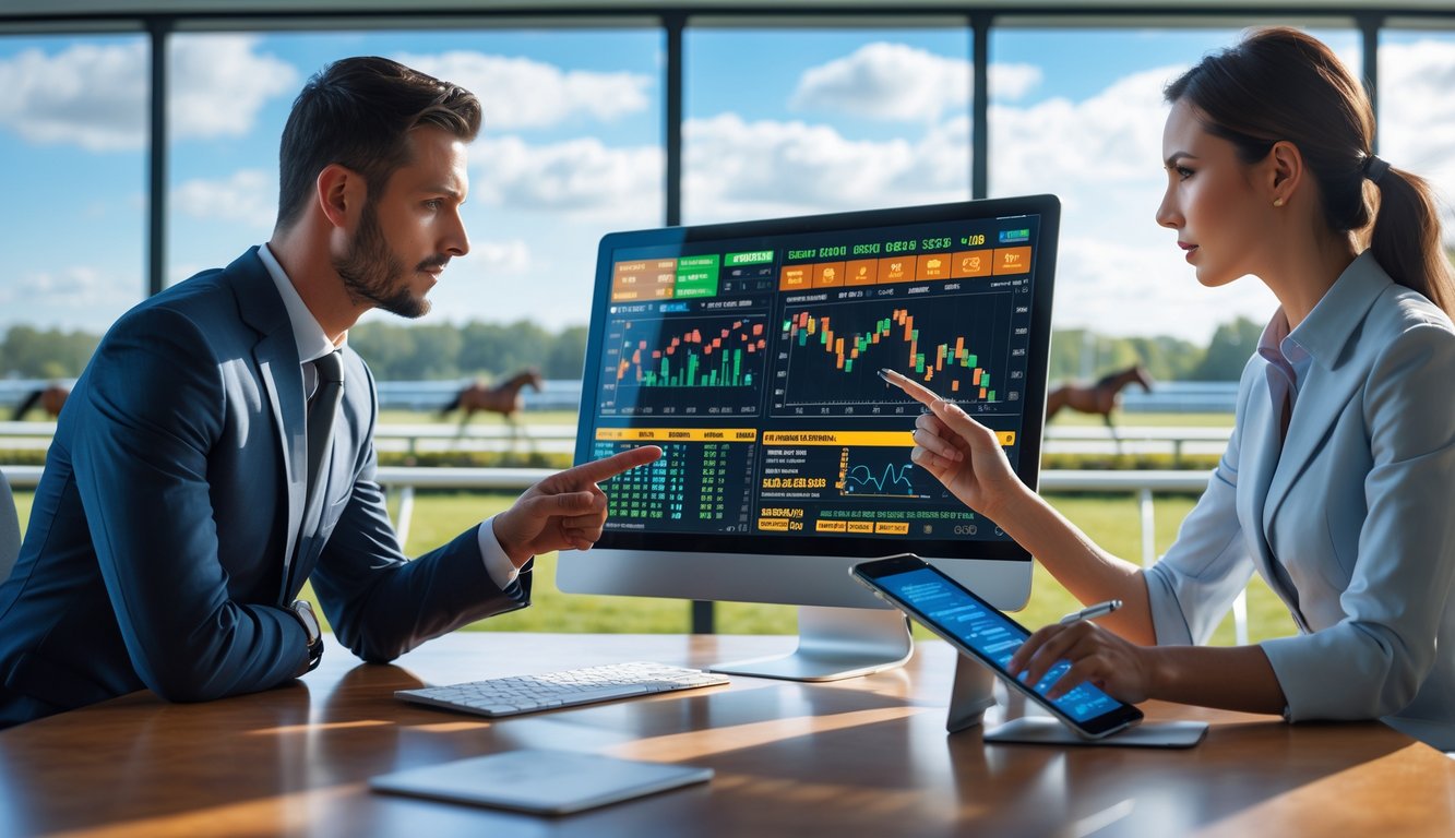 Seorang pria dan wanita sedang menganalisis data balap kuda di kantor modern dengan latar belakang lintasan pacuan kuda.