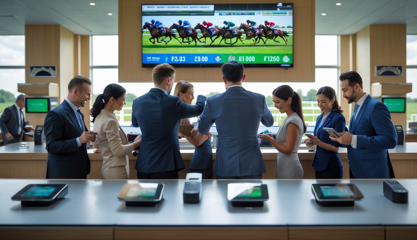 Orang-orang sedang memasang taruhan balap kuda di sebuah tempat taruhan modern dengan layar besar menampilkan balapan kuda secara langsung.