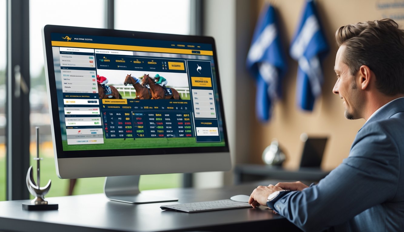 Seorang pria menggunakan komputer untuk memasang taruhan balap kuda online dengan layar menampilkan informasi balapan dan peluang taruhan.