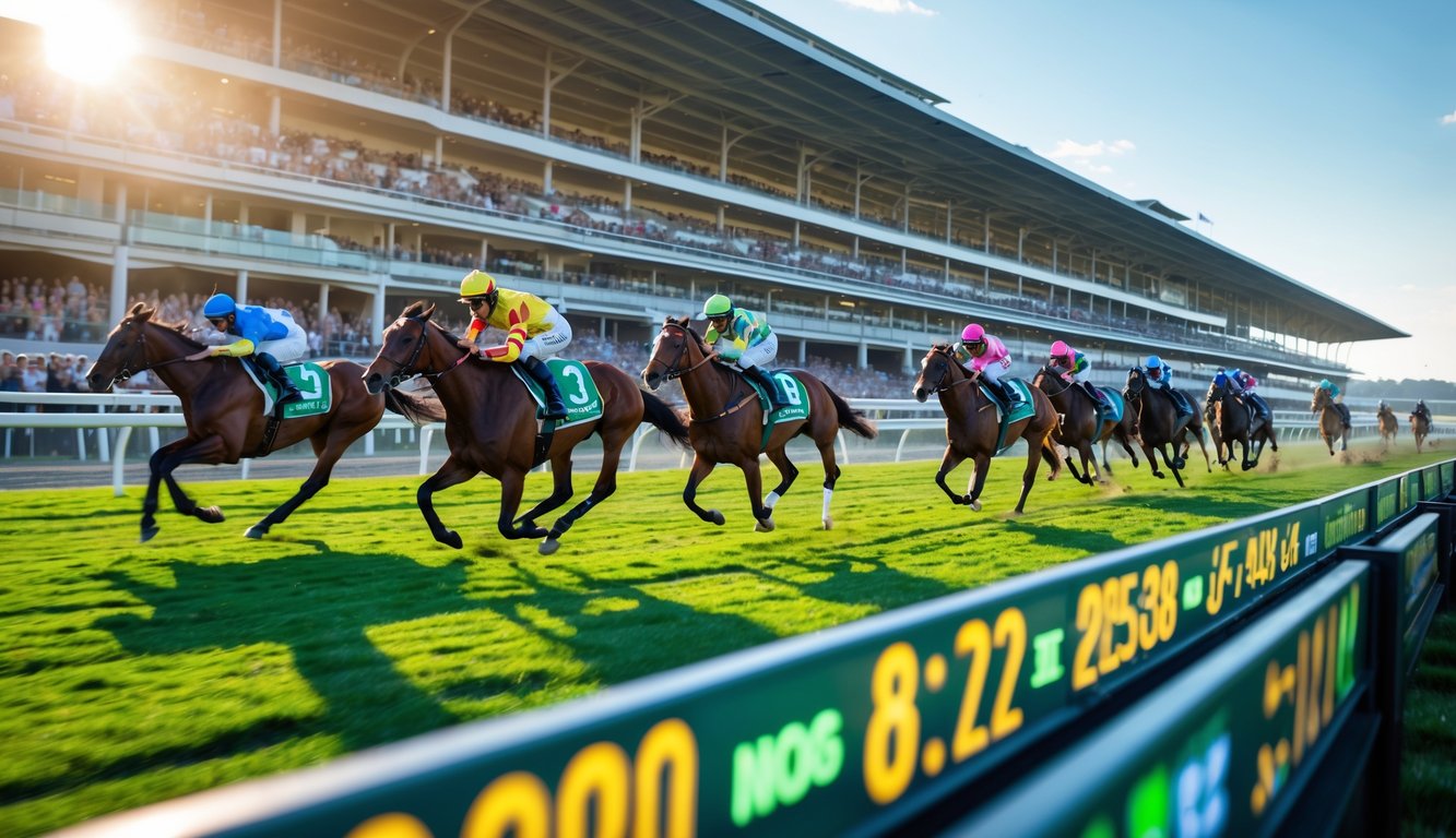 Beberapa kuda pacu berlari cepat dengan joki di lintasan balap kuda di depan tribun penonton yang ramai.