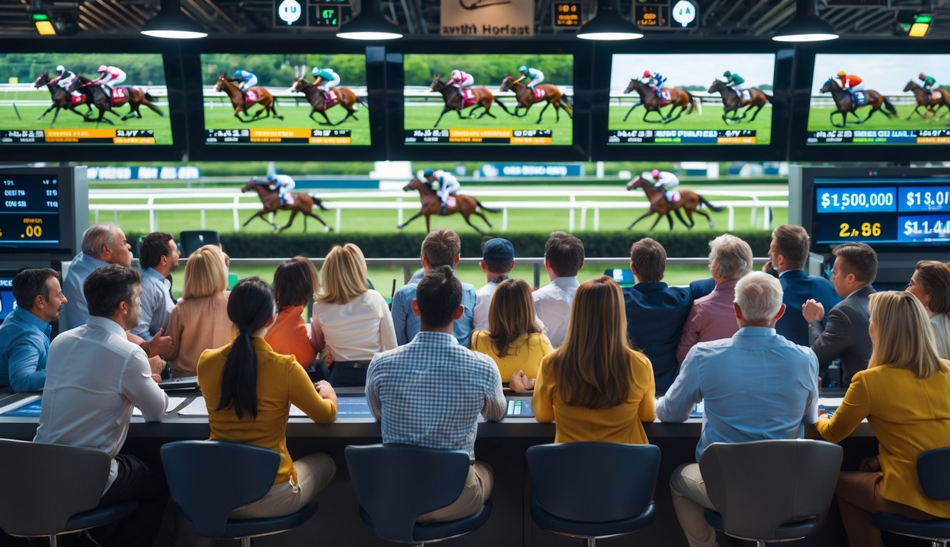 Orang-orang sedang bertaruh pada balap kuda dengan layar besar menampilkan perlombaan dan suasana penuh semangat di arena balap.