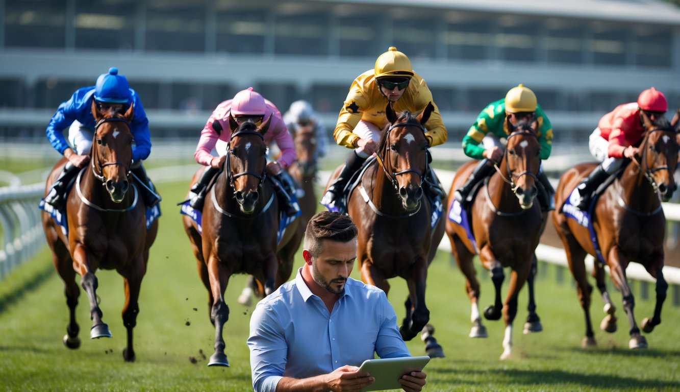 Seorang pria sedang melihat tablet digital di dekat arena balap kuda dengan beberapa kuda dan joki yang sedang berlari kencang di lintasan balap.