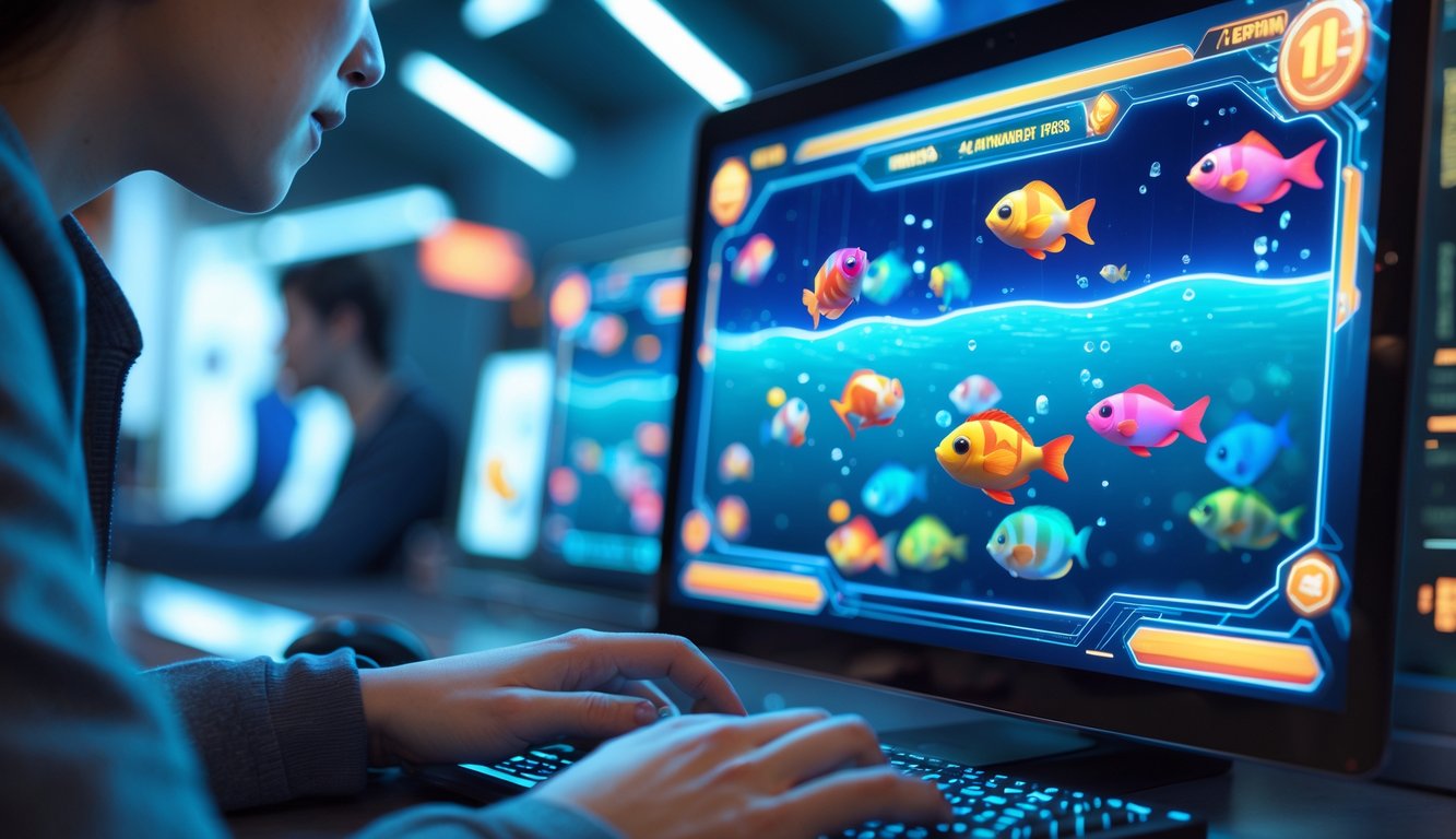 Tampilan layar permainan tembak ikan online dengan berbagai ikan berwarna-warni dan tangan pemain yang sedang mengendalikan permainan.