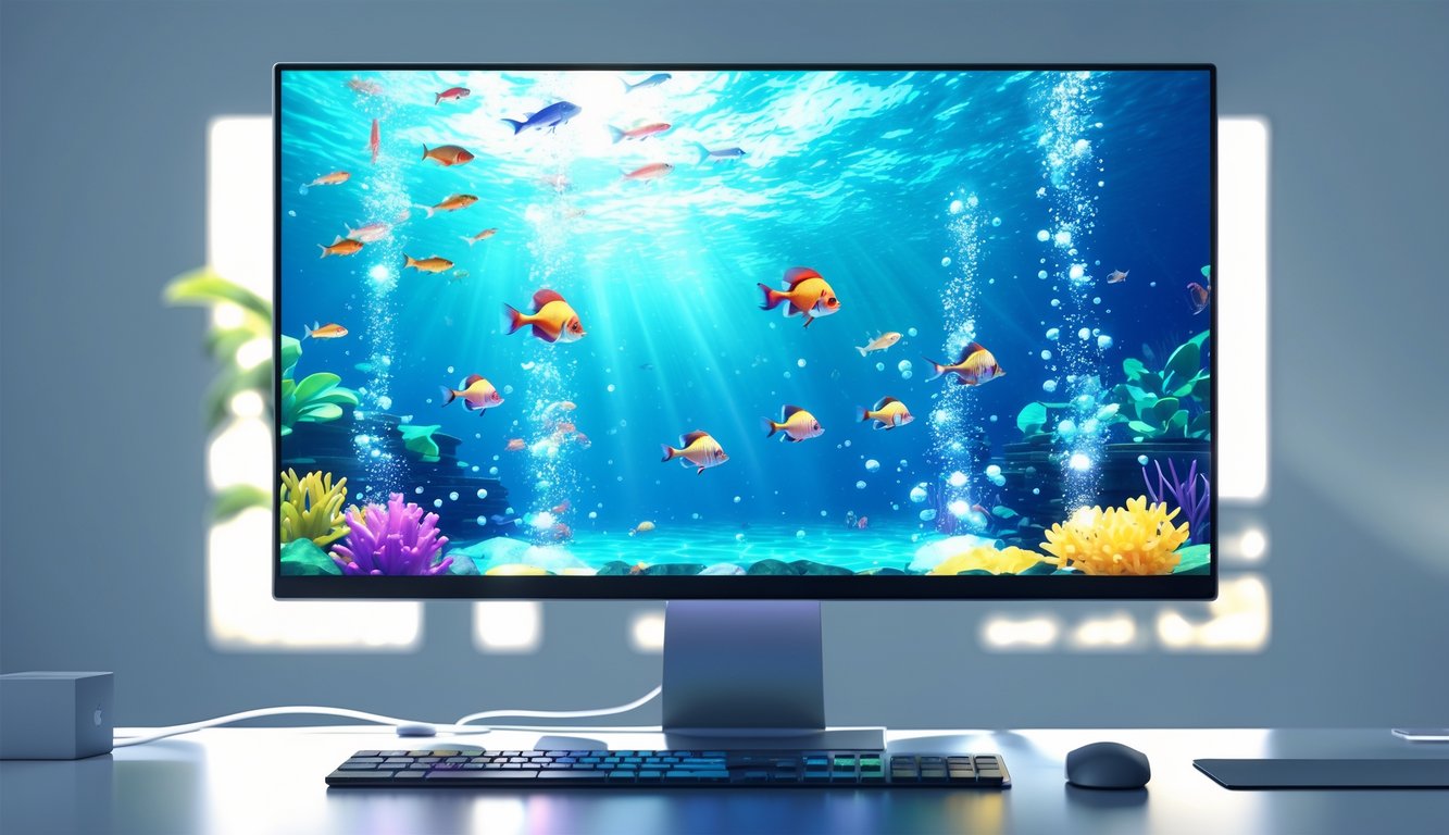 Suasana permainan ikan online dengan layar komputer menampilkan ikan-ikan berwarna-warni di latar bawah laut yang hidup.