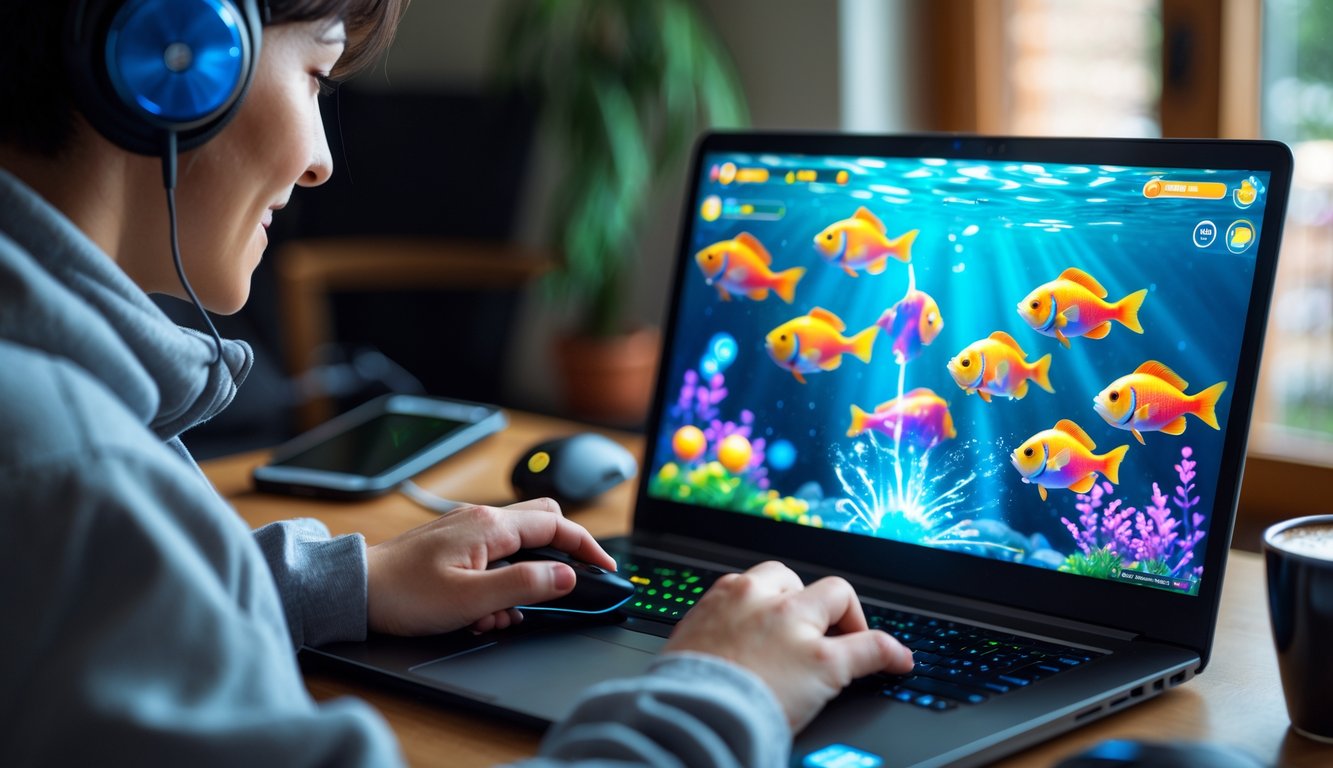 Seseorang sedang bermain game tembak ikan online di laptop di sebuah ruangan yang nyaman.