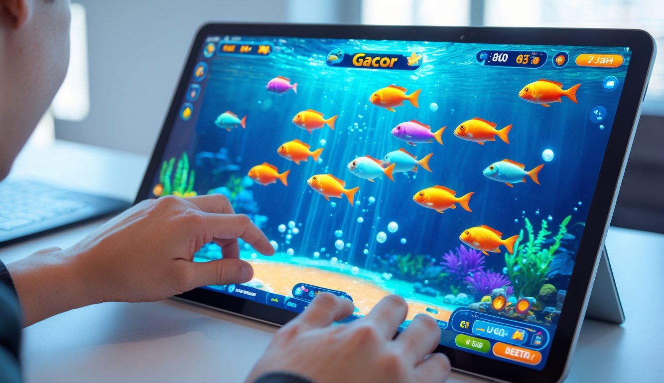 Seseorang sedang bermain permainan tembak ikan online dengan layar yang menampilkan ikan-ikan berwarna-warni di latar bawah laut.