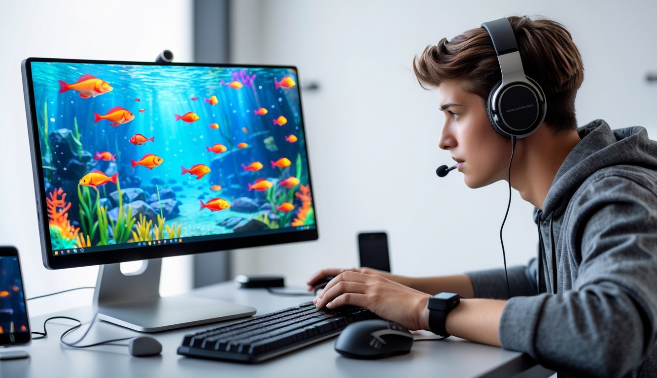 Seseorang sedang bermain game menembak ikan secara online di depan komputer dengan gambar ikan berwarna-warni di layar.