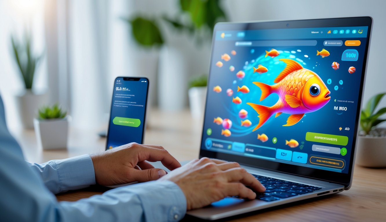 Seseorang menggunakan laptop dengan permainan tembak ikan online di layar dan ponsel yang menunjukkan konfirmasi pembayaran cepat di meja kerja.