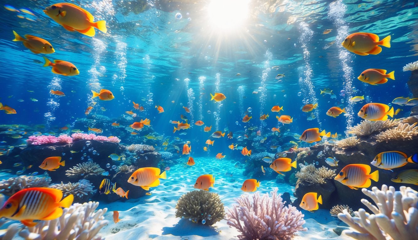 Pemandangan bawah laut dengan berbagai ikan tropis berwarna-warni berenang di sekitar terumbu karang yang bercahaya.