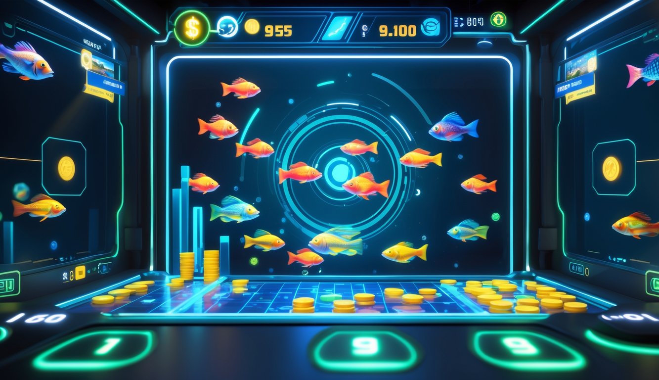 Tampilan layar permainan tembak ikan online dengan ikan berwarna-warni dan elemen permainan digital yang mencolok.