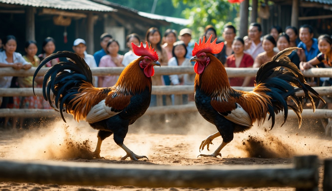 Dua ayam jago sedang bertarung di arena dengan penonton yang antusias di sekelilingnya.