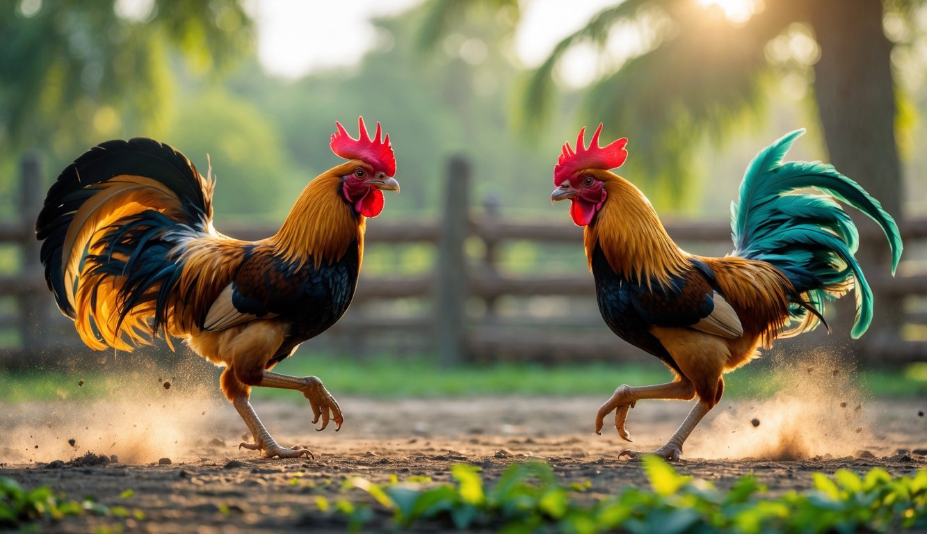 Dua ayam jago berwarna-warni sedang bertarung di arena terbuka dengan latar belakang pepohonan hijau.