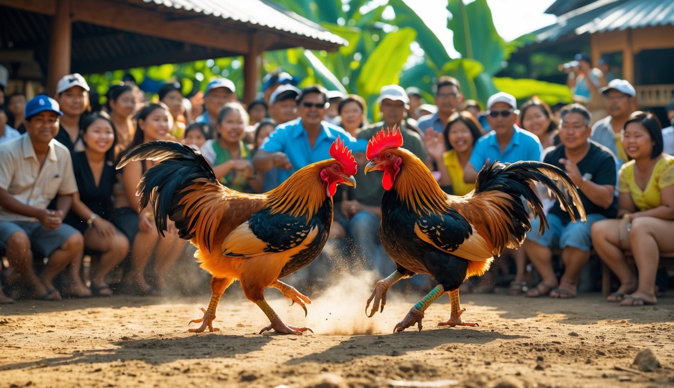 Dua ayam jago sedang bertarung di arena terbuka dengan penonton ramai di sekitarnya.