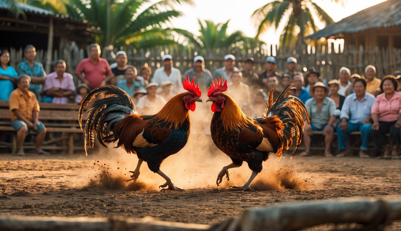 Dua ayam jago sedang bertarung di arena terbuka dengan penonton yang antusias mengelilingi mereka di lingkungan pedesaan.