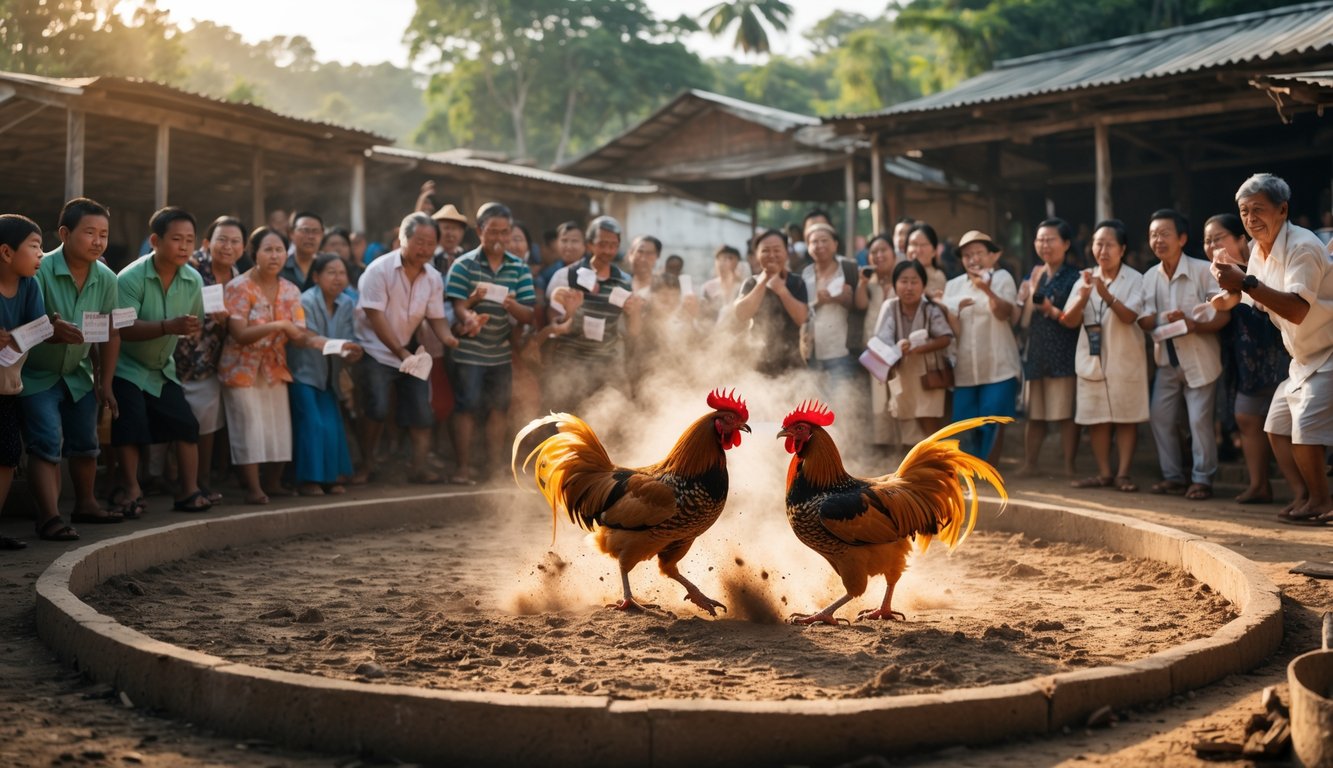 Suasana pertandingan sabung ayam tradisional dengan dua ayam bertarung di arena dan penonton yang antusias mengamati di sekelilingnya.