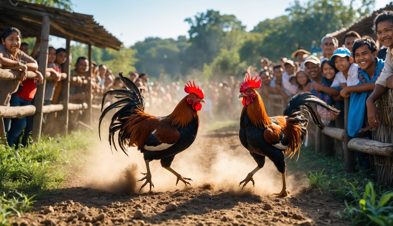 Dua ayam jago sedang bertarung di luar ruangan dengan penonton yang antusias di sekitarnya.