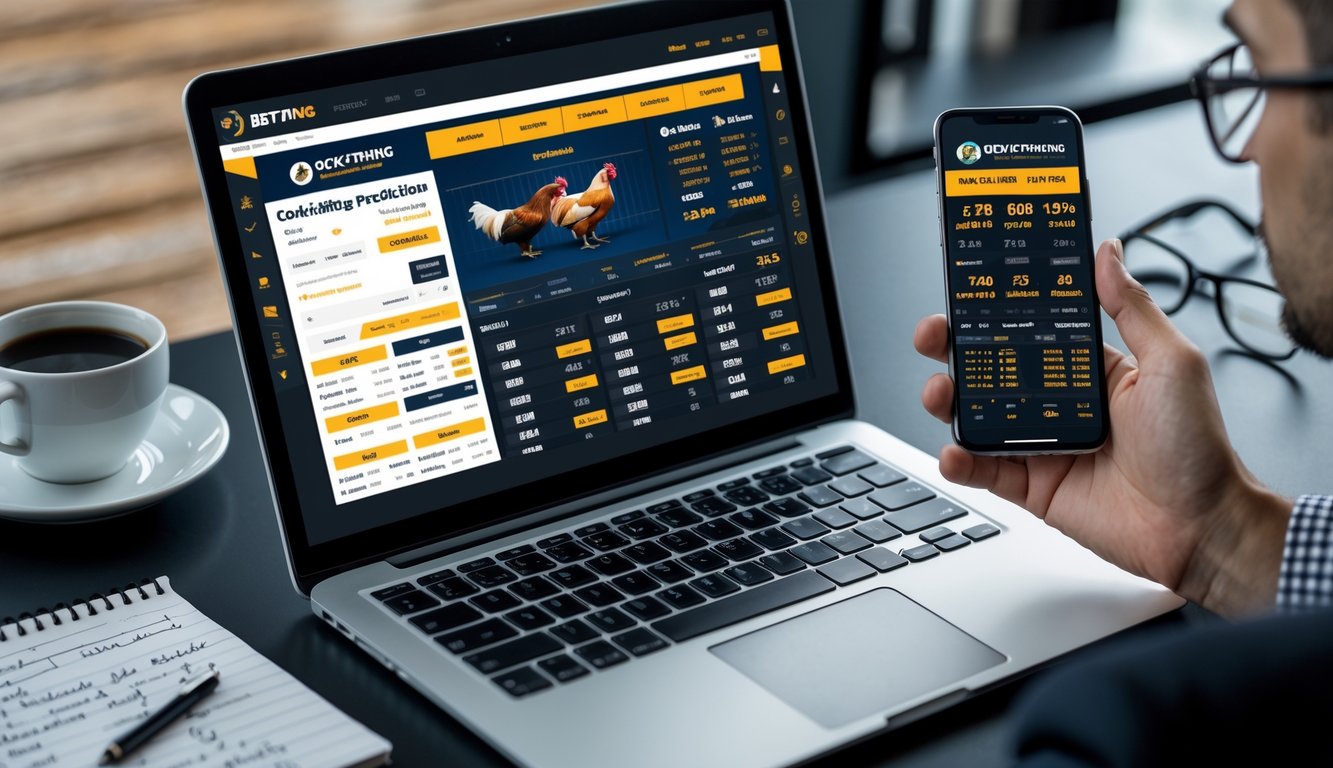 Seseorang sedang menggunakan laptop dan ponsel untuk melihat prediksi dan statistik sabung ayam di sebuah meja kerja.