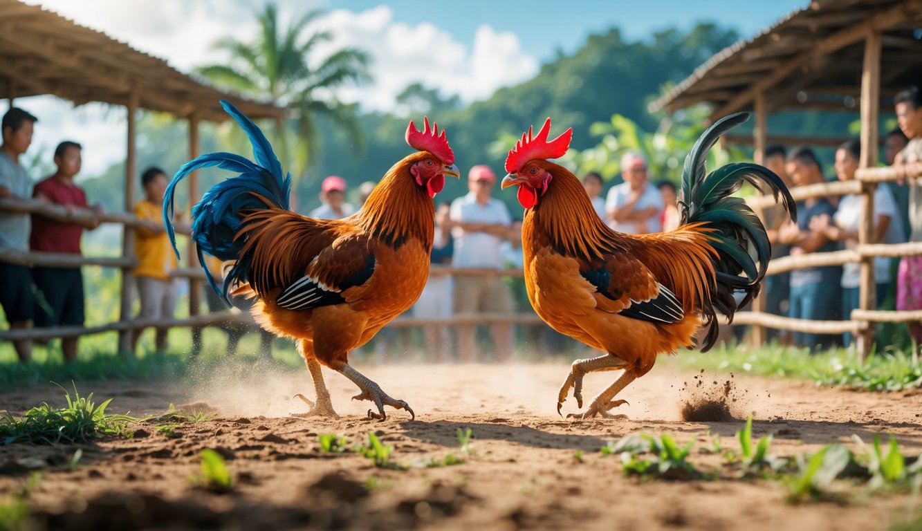 Dua ayam jantan sedang bertarung di arena terbuka dengan latar belakang pepohonan hijau dan langit biru.