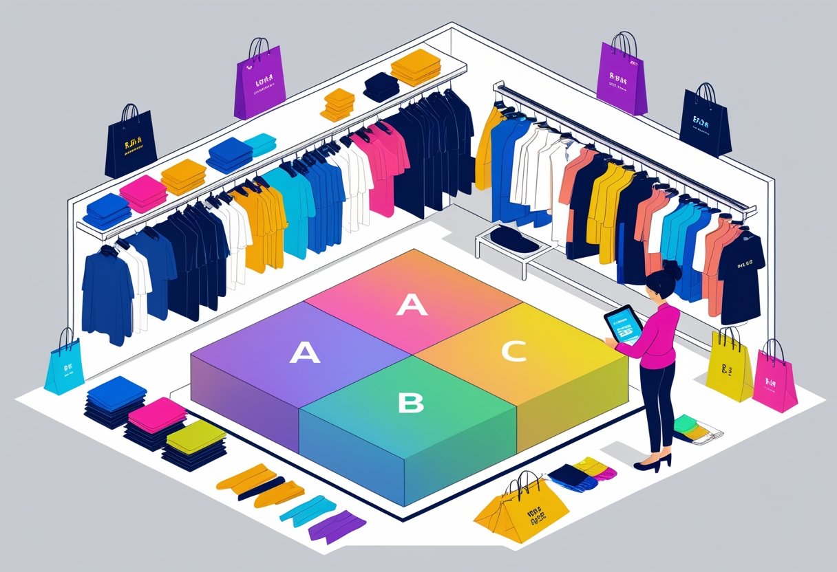 Ilustração de uma loja de roupas organizada com um gráfico colorido representando categorias de estoque e uma pessoa analisando dados para compras e reposição, fazendo uso de técnicas de curva ABC na moda.