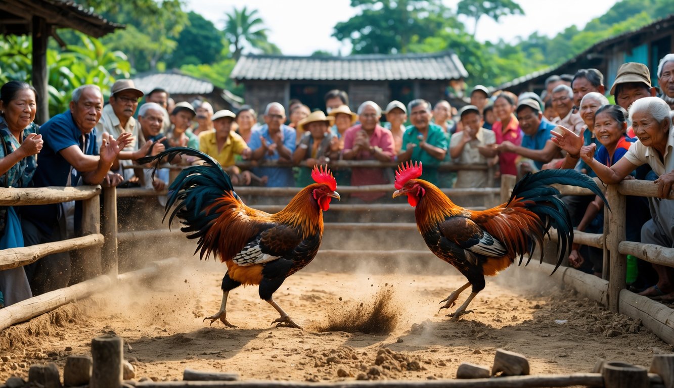 Dua ayam jago sedang bertarung di arena kayu dengan penonton yang antusias di sekitarnya di sebuah desa tradisional.