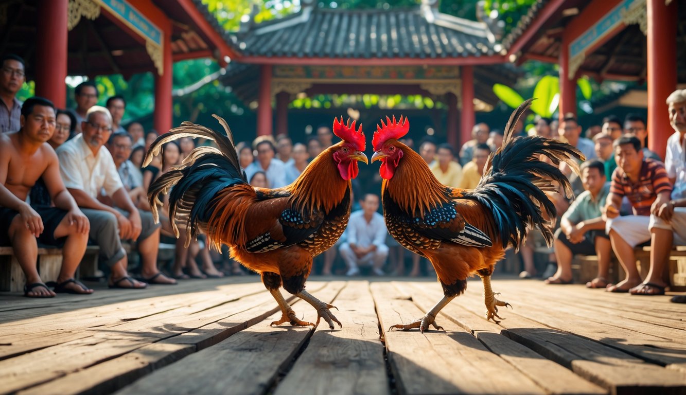 Dua ayam jantan sedang bertarung di arena kayu dengan penonton yang menyaksikan di sekitarnya.