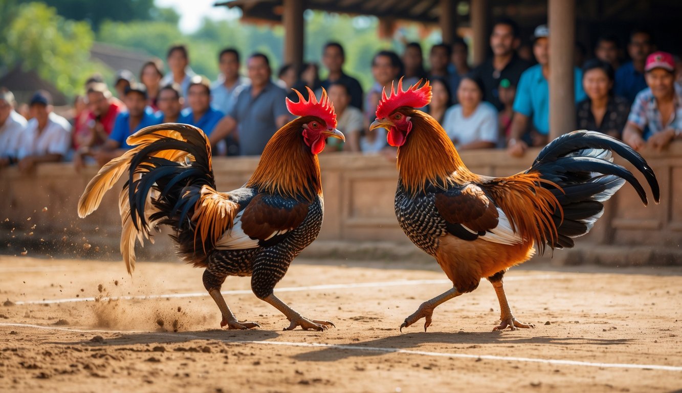 Dua ayam jago sedang bertarung di arena terbuka dengan penonton yang antusias mengelilingi.