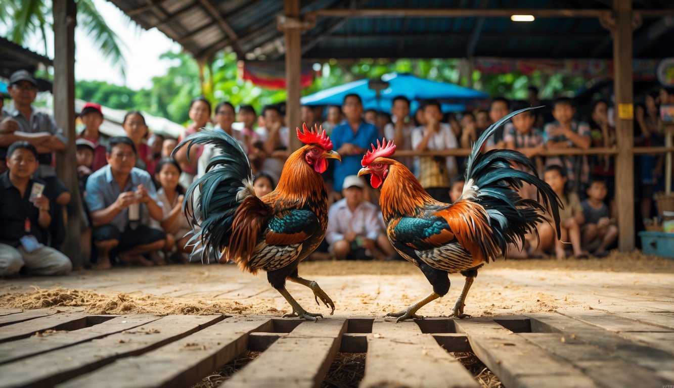 Dua ayam jago sedang bertarung di arena sabung ayam dengan penonton yang antusias mengelilingi mereka.