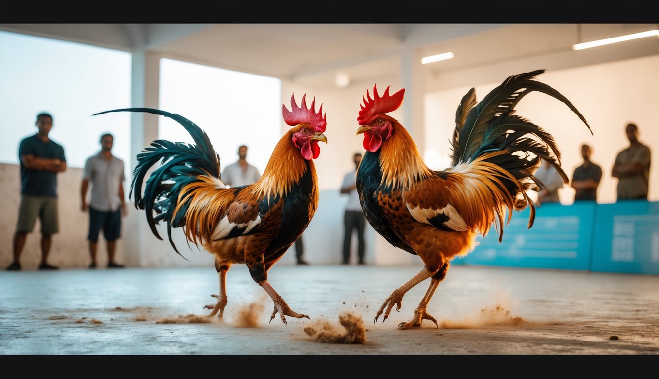 Dua ayam jago sedang bertarung di depan penonton dalam suasana yang ramai dan terang.