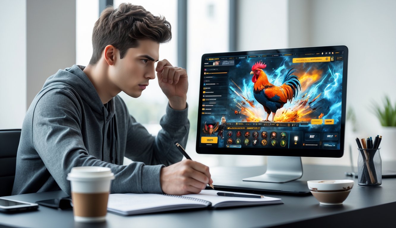 Seorang pria muda duduk di depan laptop sambil mencatat strategi permainan sabung ayam online.